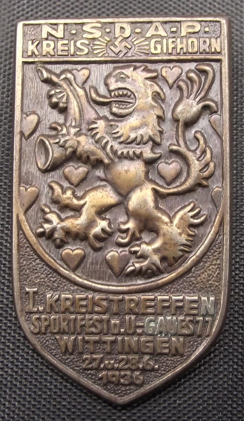 NSDAP Event Badge/Tinnie. Kreis Gifhorn, Wittingen, 1936.