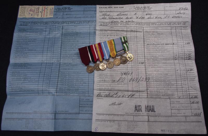 Named USN Miniature Medal Bar. Korea and Vietnam with Order Form.