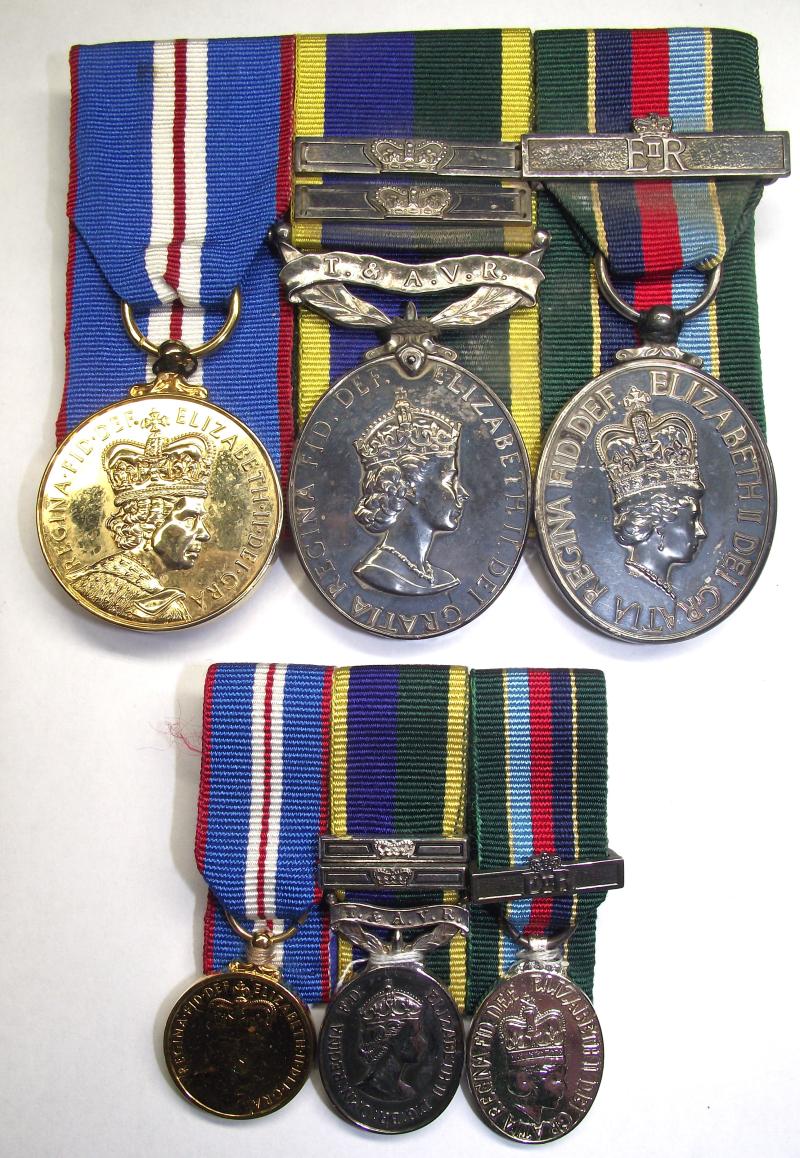 British Three Place Medal Bar and Miniatures. Golden Jubilee-T&AVR- Volunteer Reserves Service.