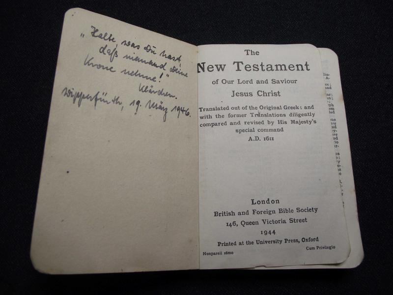 1944 Dated Soldiers New Testament with 1946 Dated German Written Sentiment.