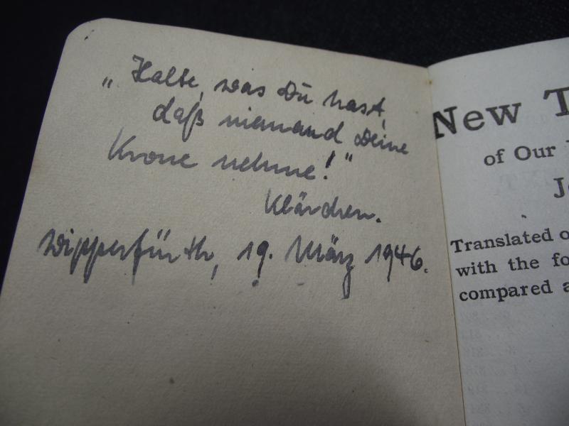 1944 Dated Soldiers New Testament with 1946 Dated German Written Sentiment.