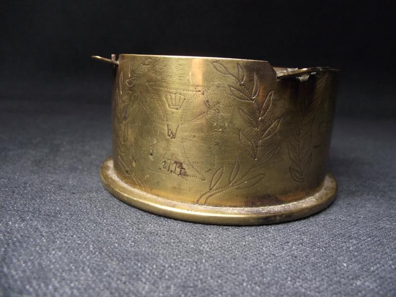 Named WW1 Trench Art Shell Case Ashtray. Charleroi Belgium. Iron Cross Motif.