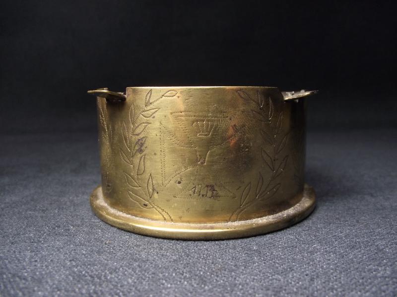 Named WW1 Trench Art Shell Case Ashtray. Charleroi Belgium. Iron Cross Motif.