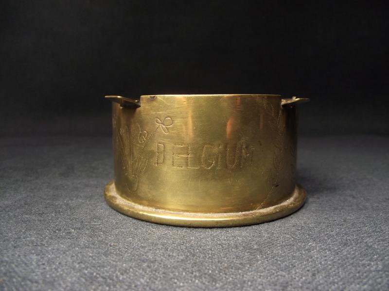 Named WW1 Trench Art Shell Case Ashtray. Charleroi Belgium. Iron Cross Motif.