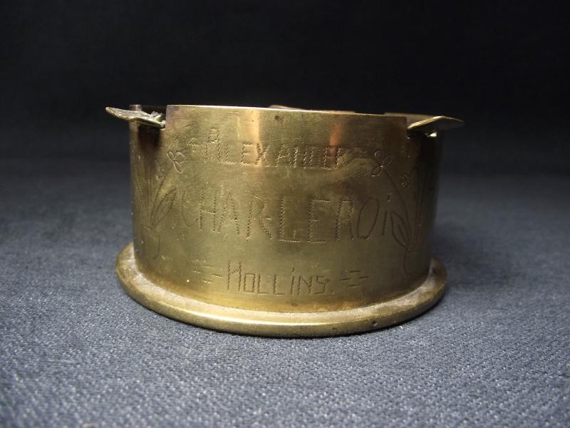Named WW1 Trench Art Shell Case Ashtray. Charleroi Belgium. Iron Cross Motif.