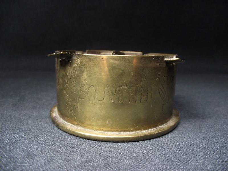 Named WW1 Trench Art Shell Case Ashtray. Charleroi Belgium. Iron Cross Motif.