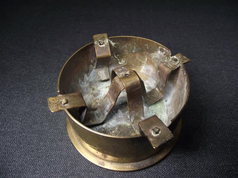 Named WW1 Trench Art Shell Case Ashtray. Charleroi Belgium. Iron Cross Motif.