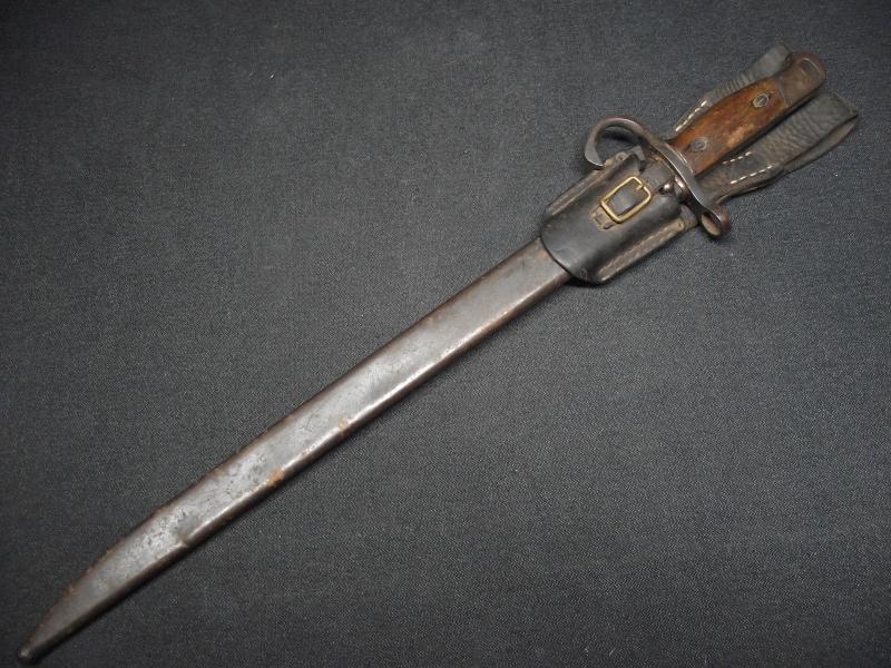 WW2 Japanese Arisaka Type 30 Rifle Bayonet and Scabbard with its Period Leather Frog.