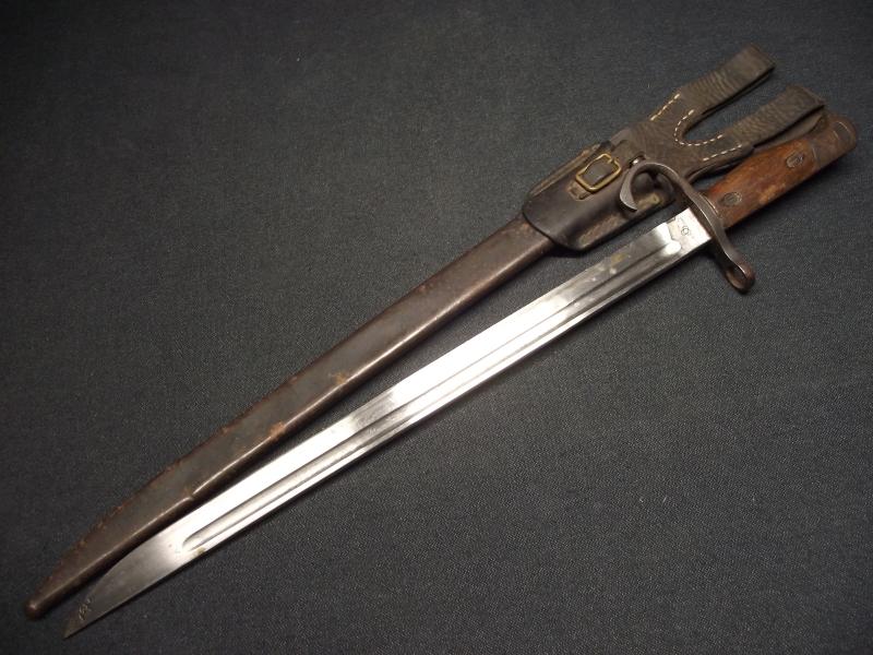 WW2 Japanese Arisaka Type 30 Rifle Bayonet and Scabbard with its Period Leather Frog.