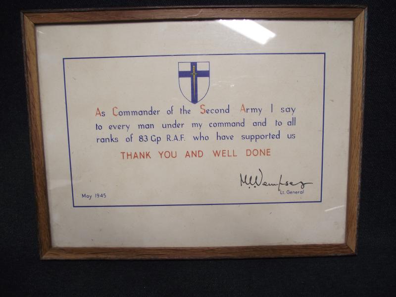 RAF Number 83 Composite Group ''Thank You'' Letter. Lt General Dempsey, Second Army, 1945.