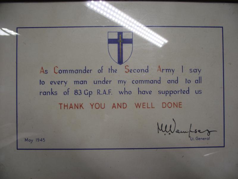 RAF Number 83 Composite Group ''Thank You'' Letter. Lt General Dempsey, Second Army, 1945.