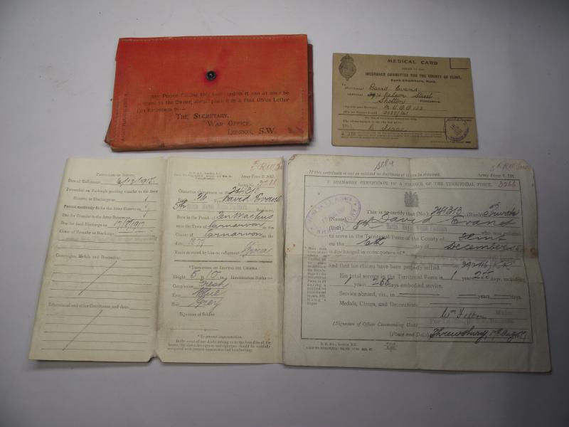 WW1 British Discharge Paperwork. 5th Battalion RWF. Penmachno North Wales.