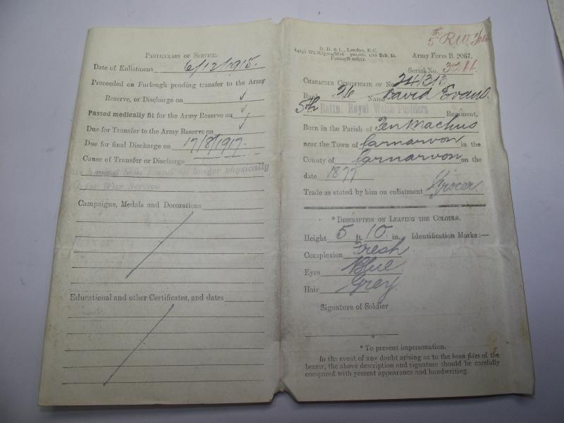 WW1 British Discharge Paperwork. 5th Battalion RWF. Penmachno North Wales.