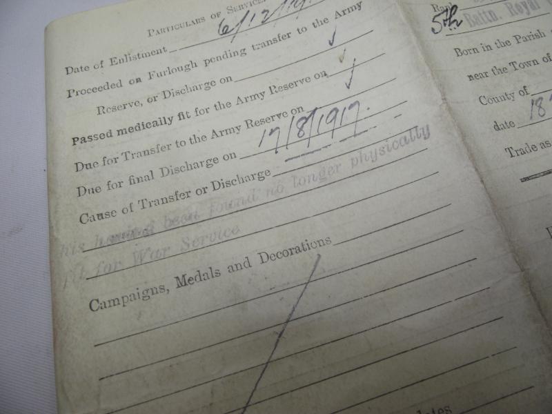 WW1 British Discharge Paperwork. 5th Battalion RWF. Penmachno North Wales.