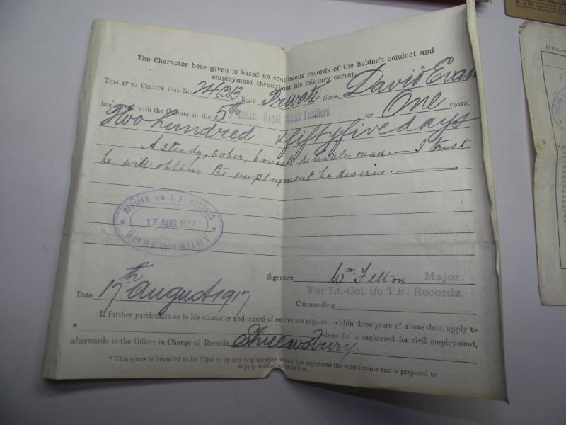 WW1 British Discharge Paperwork. 5th Battalion RWF. Penmachno North Wales.