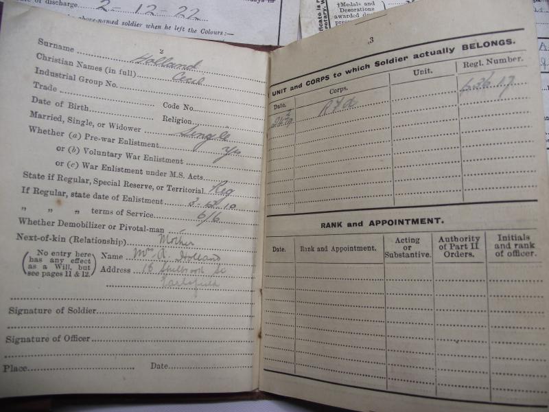 WW1 British Pay Book and Related Discharge Paperwork.