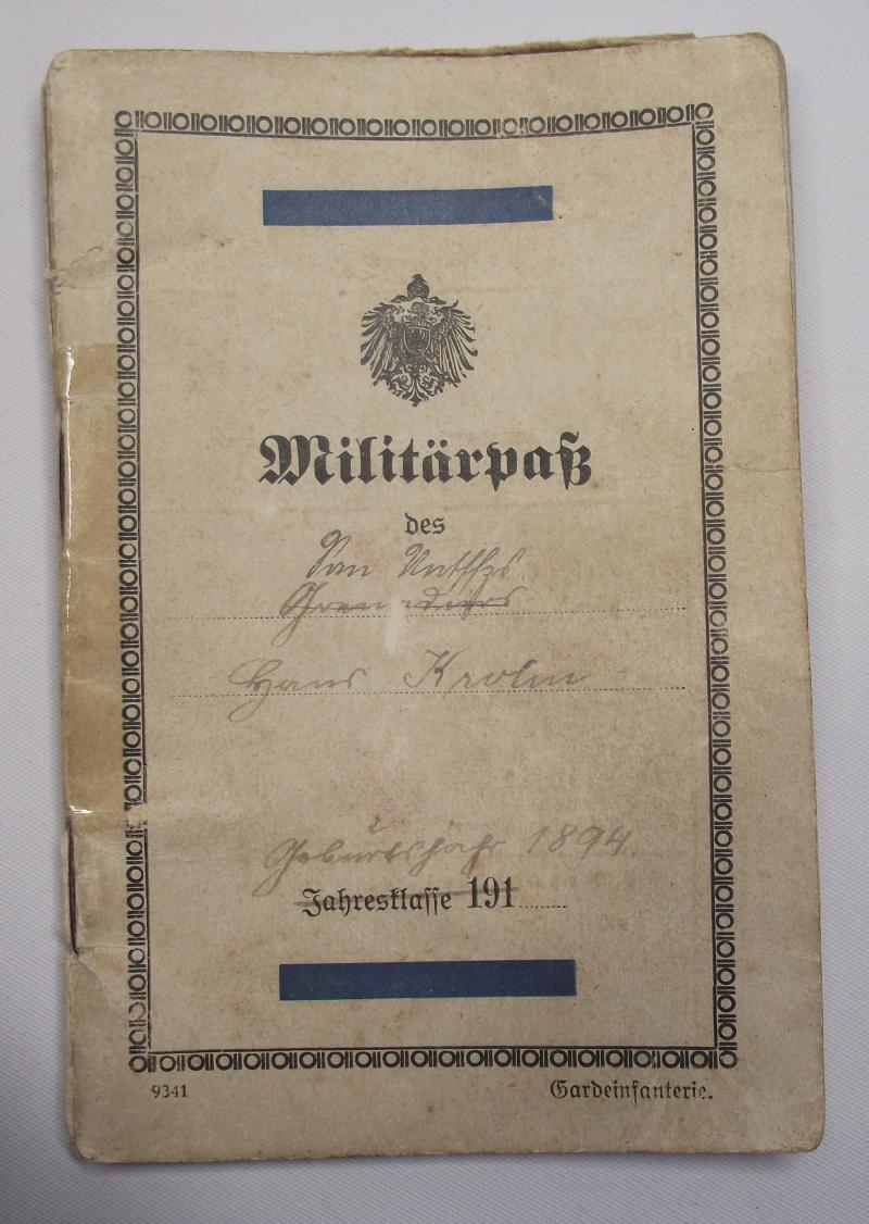 WW1 Prussian Guards Military Pass Book. Somme, Arras , Flanders.