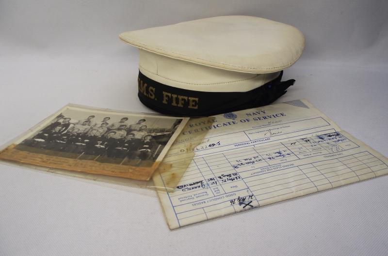 1970's RN Service Certificate, white top Cap and photo. HMS Fife. Mountain Ash, Glamorgan.