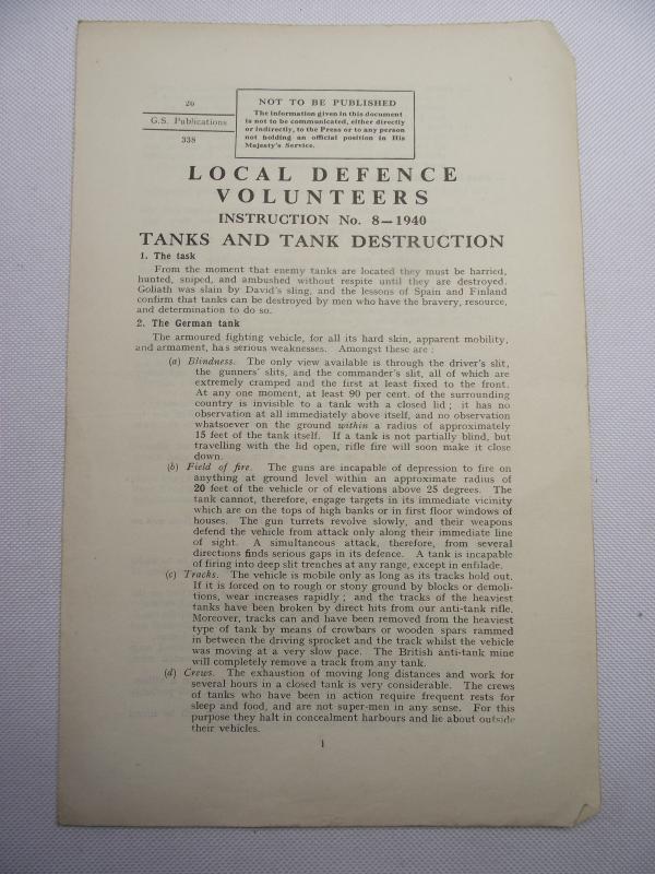 1940 Dated Local Defence Volunteers Training Instruction. Tanks and Tank Destruction.