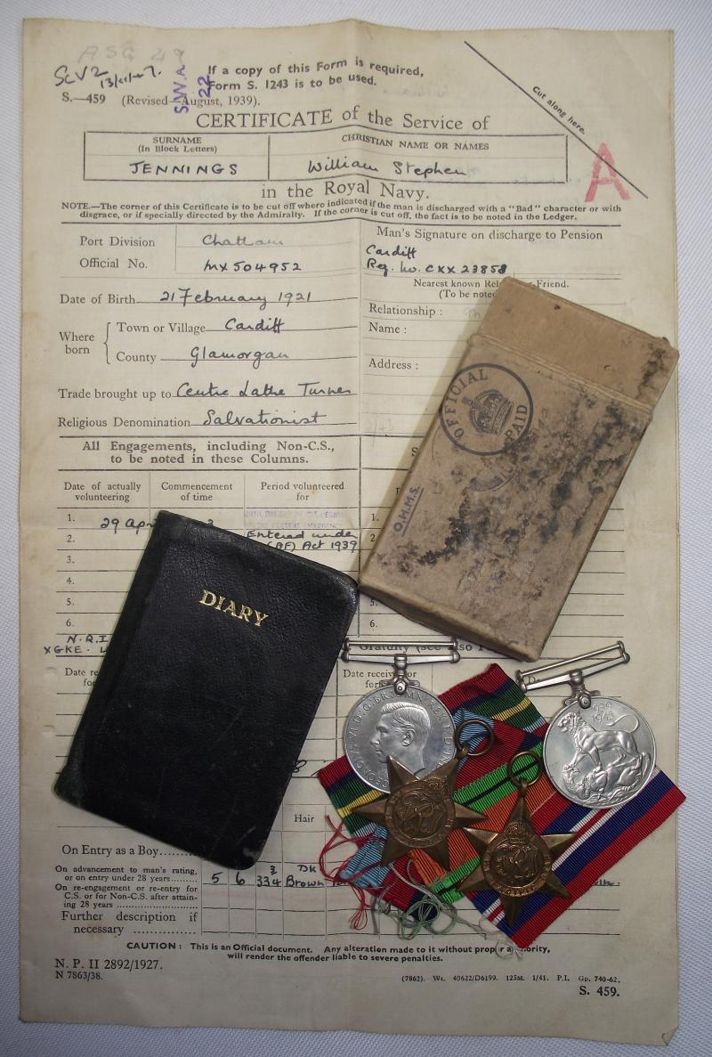 WW2 Royal Naval, HMS Resource, Medal Group , Diary and Service Certificate. Cardiff.