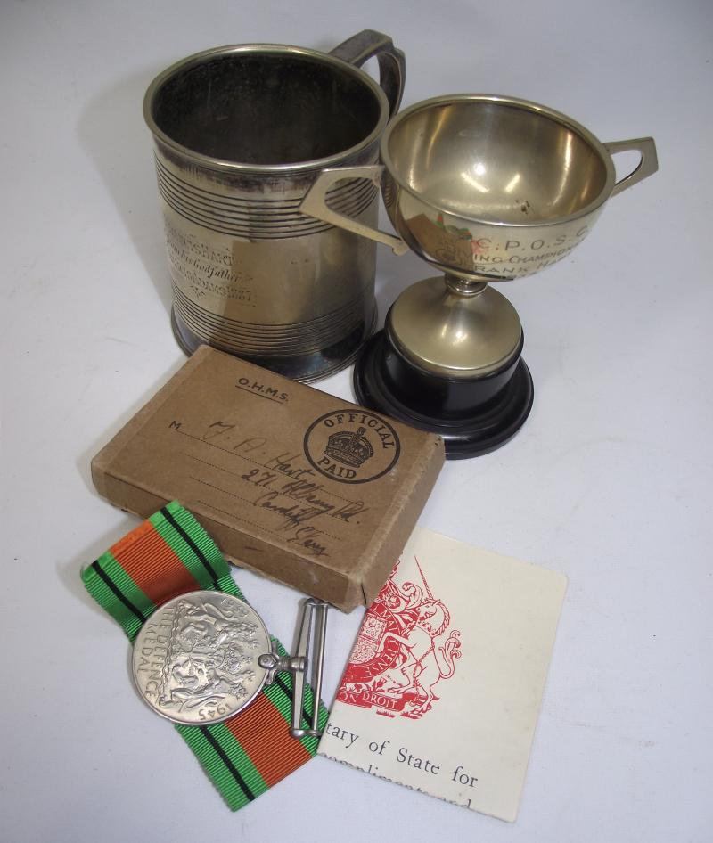 WW2 Boxed Defence Medal with Christening cup and Trophy. Cardiff.