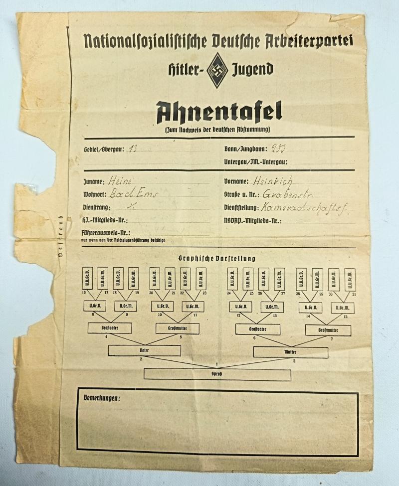 1942 Dated Hitler Youth Family Tree Document.