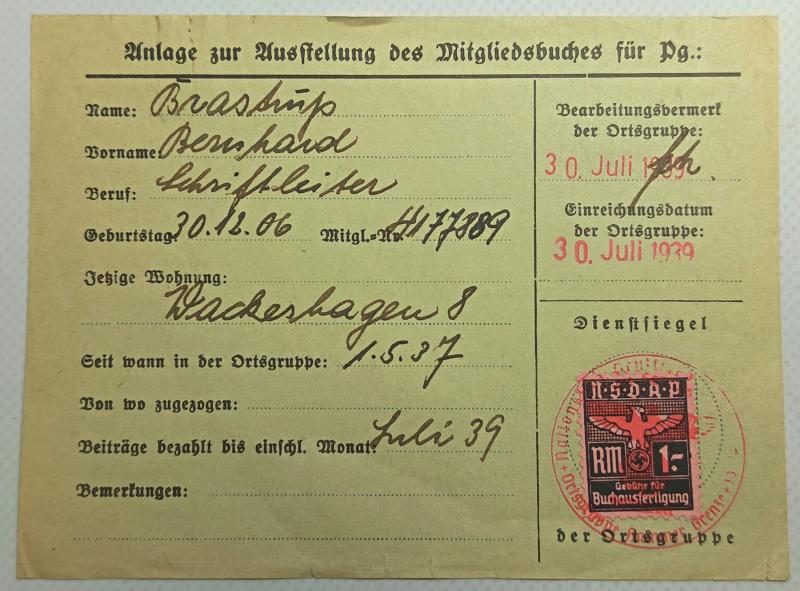 NSDAP Membership Application Paper Slip.